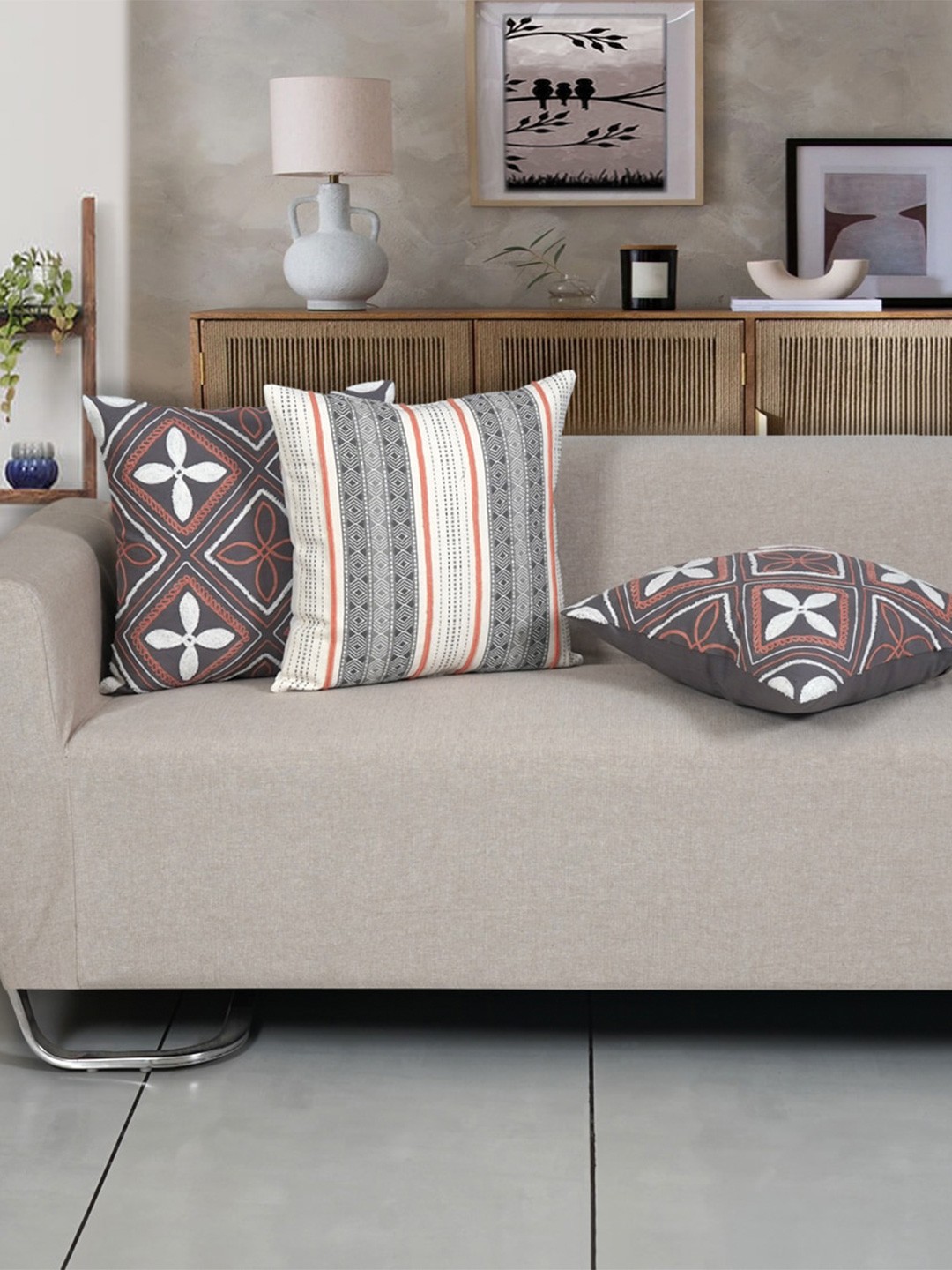 

Ode & Cleo 3 Pcs Grey & White Embroidered Pure Cotton Square Cushion Covers