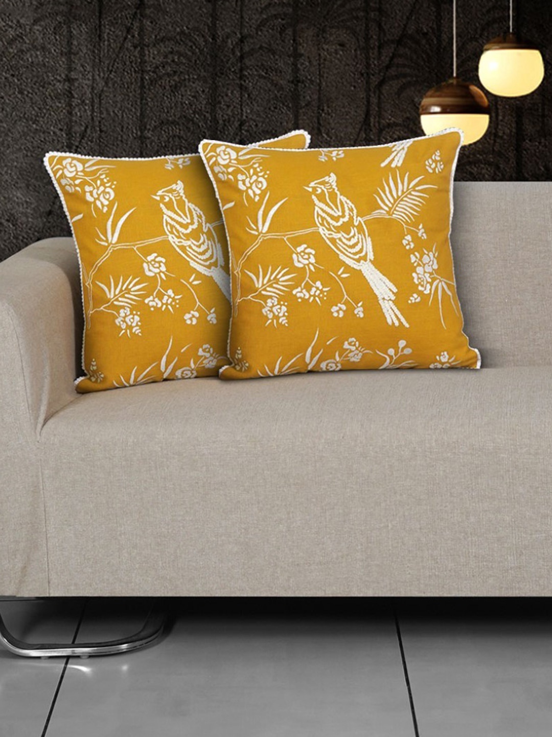 

Ode & Cleo Mustard Yellow & White Embroidered Pure Cotton Square Cushion Cover