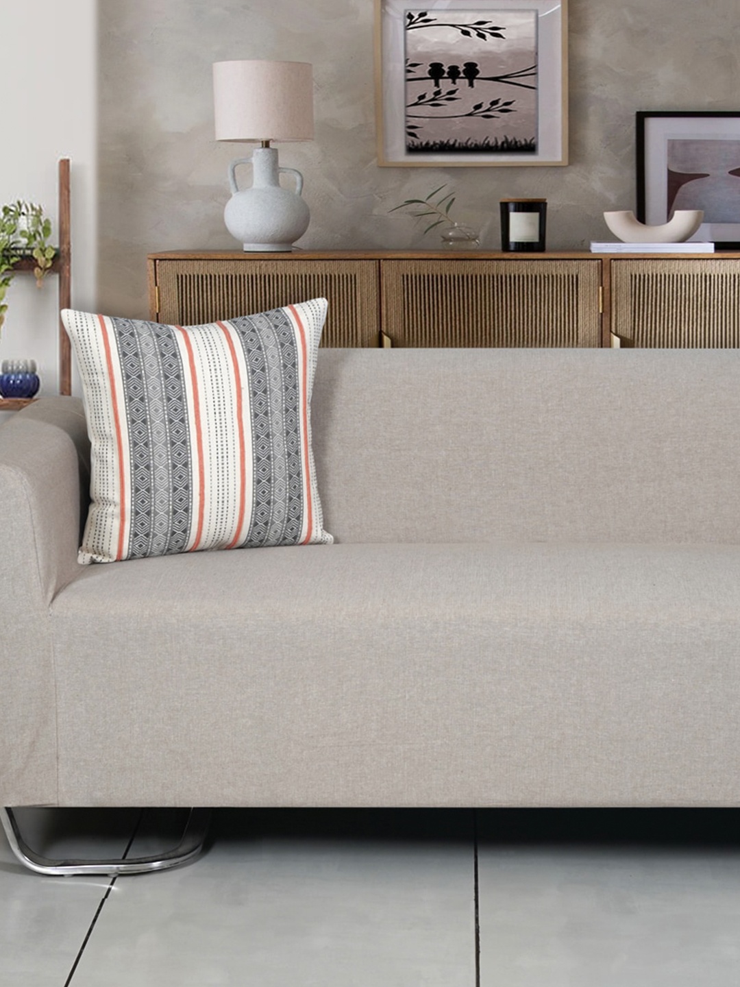 

Ode & Cleo Grey & White Embroidered Pure Cotton Square Cushion Cover