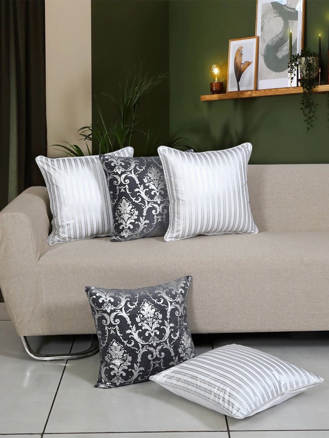 

Ode & Cleo Off White & Silver-Toned 5-Pieces Pure Cotton Square Cushion Covers