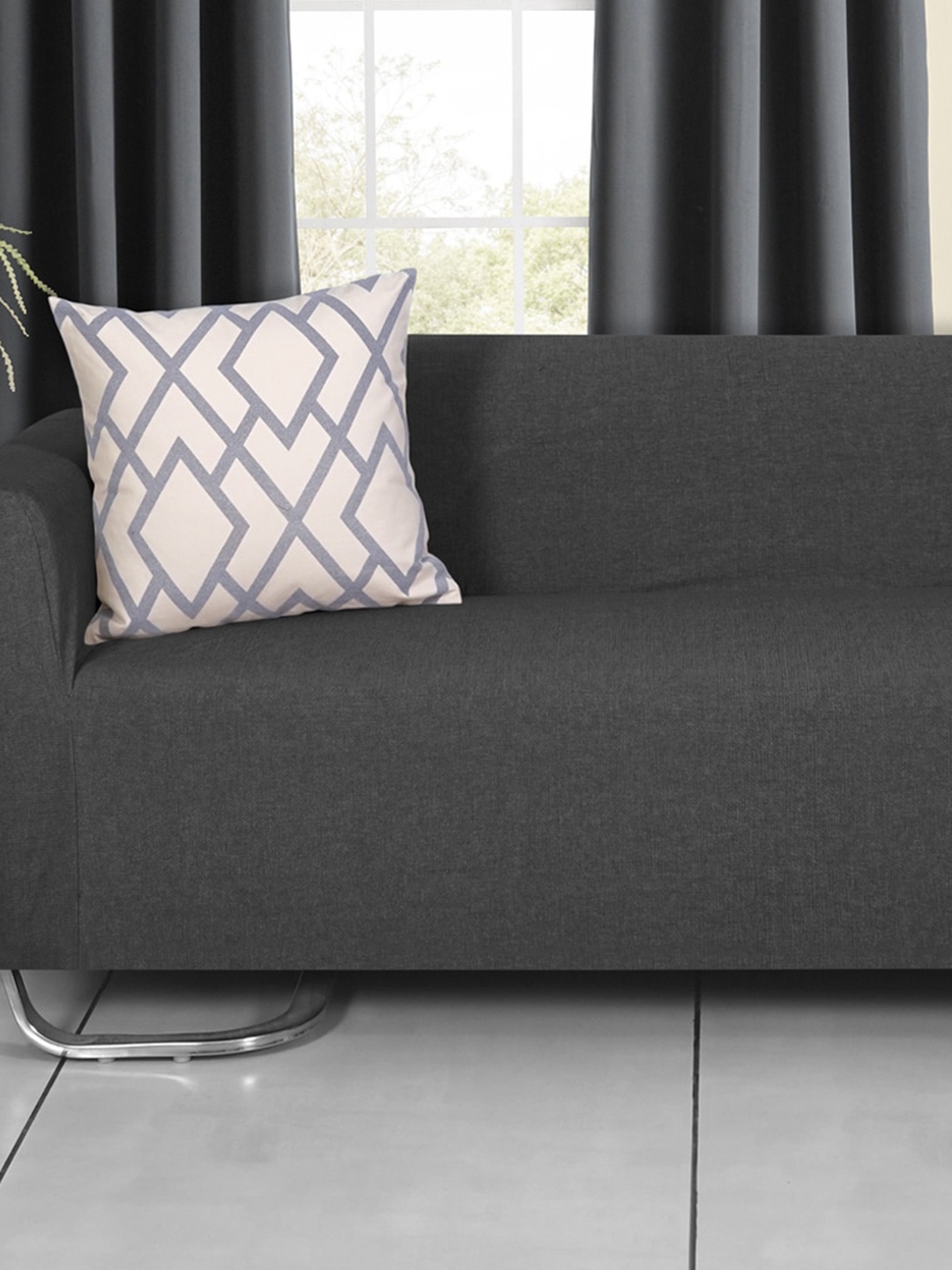 Ode & Cleo Off-White 2 Pieces Self-Design Cushion Cover, Grey