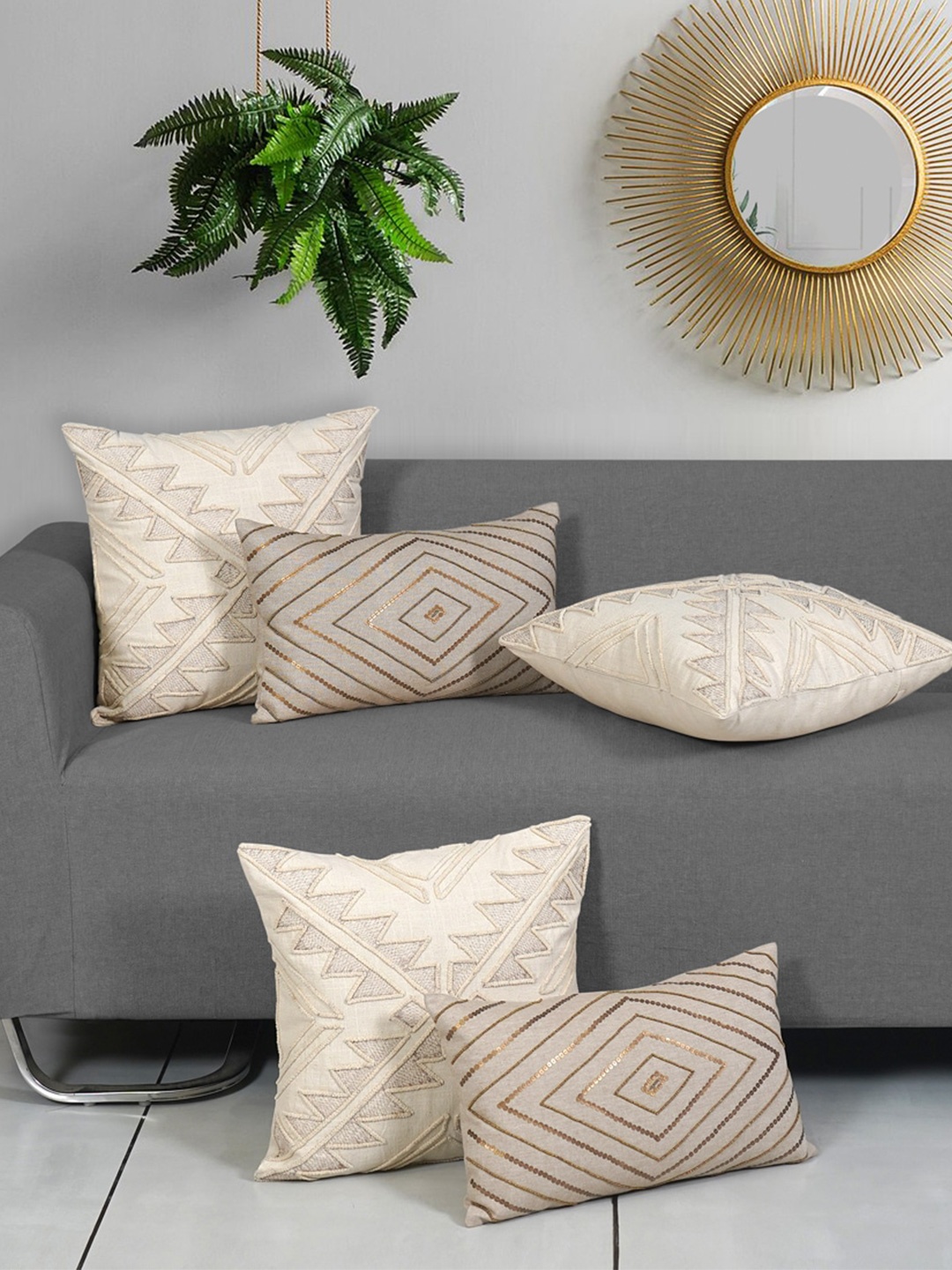 

Ode & Cleo 5 Pcs Off White & Beige Embroidered Pure Cotton Square Cushion Covers