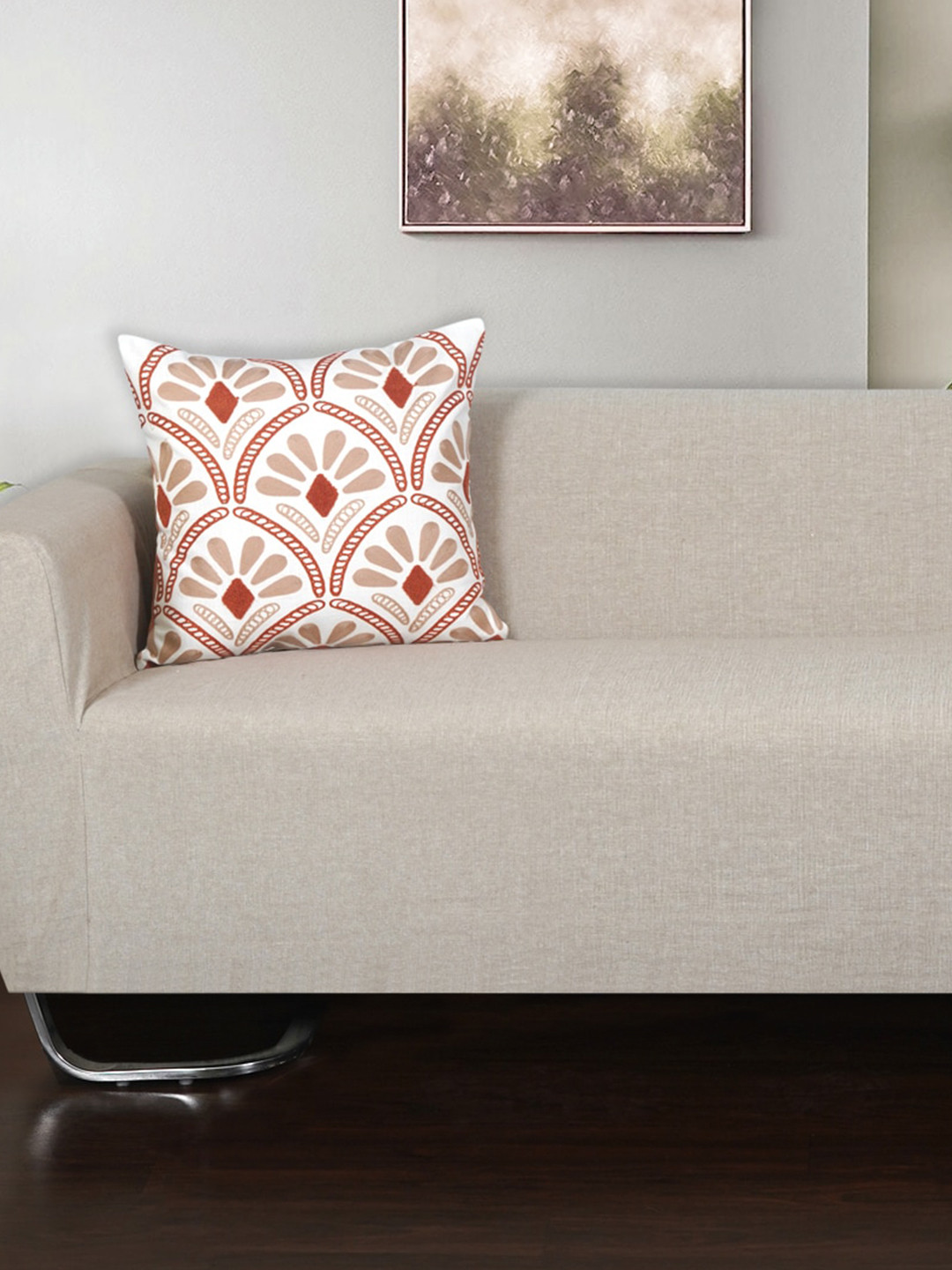 

Ode & Cleo Off White & Rust Embroidered Pure Cotton Square Cushion Cover