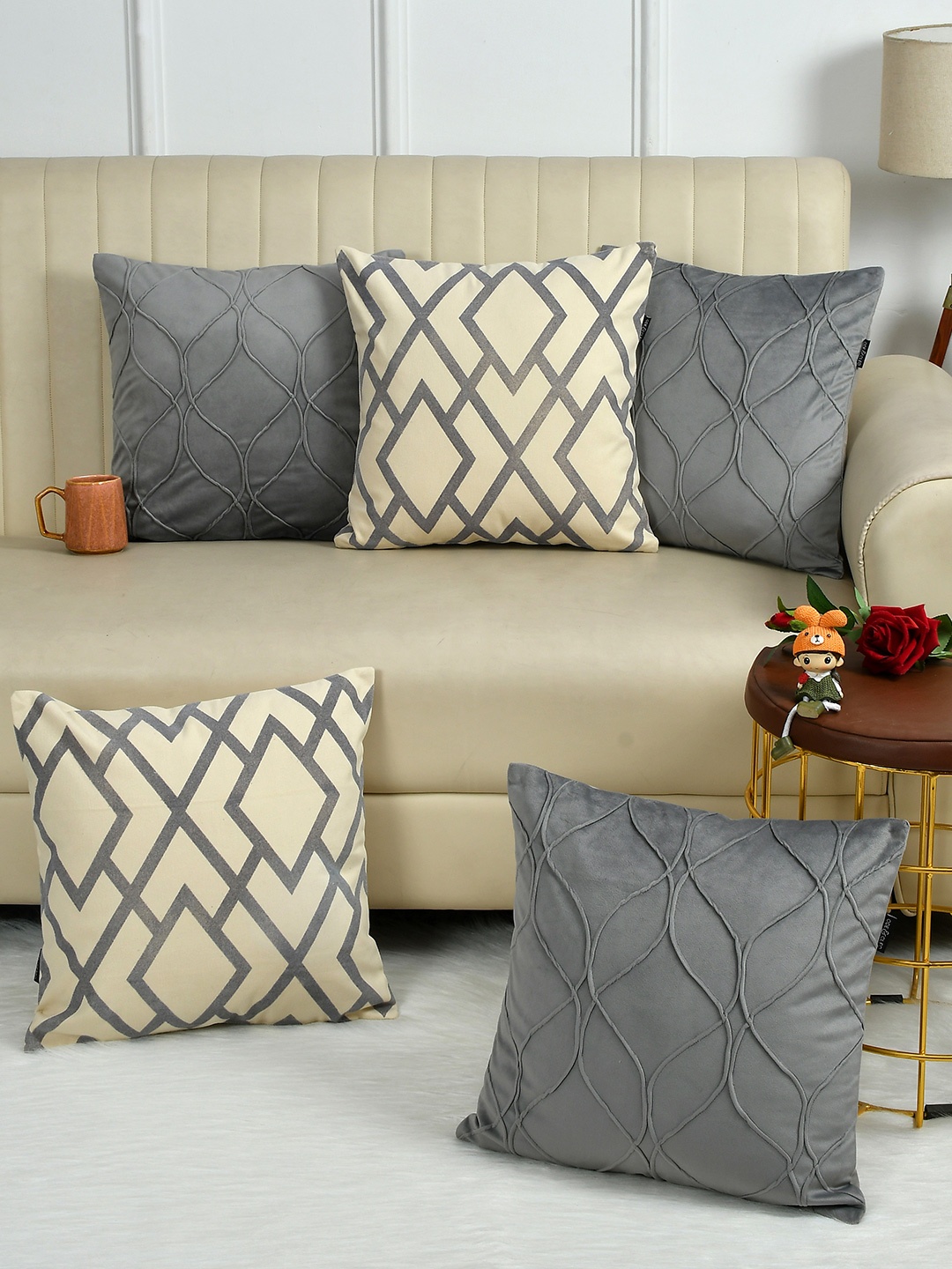 

Ode & Cleo 5 Pcs Grey & White Embroidered Pure Cotton Square Cushion Covers