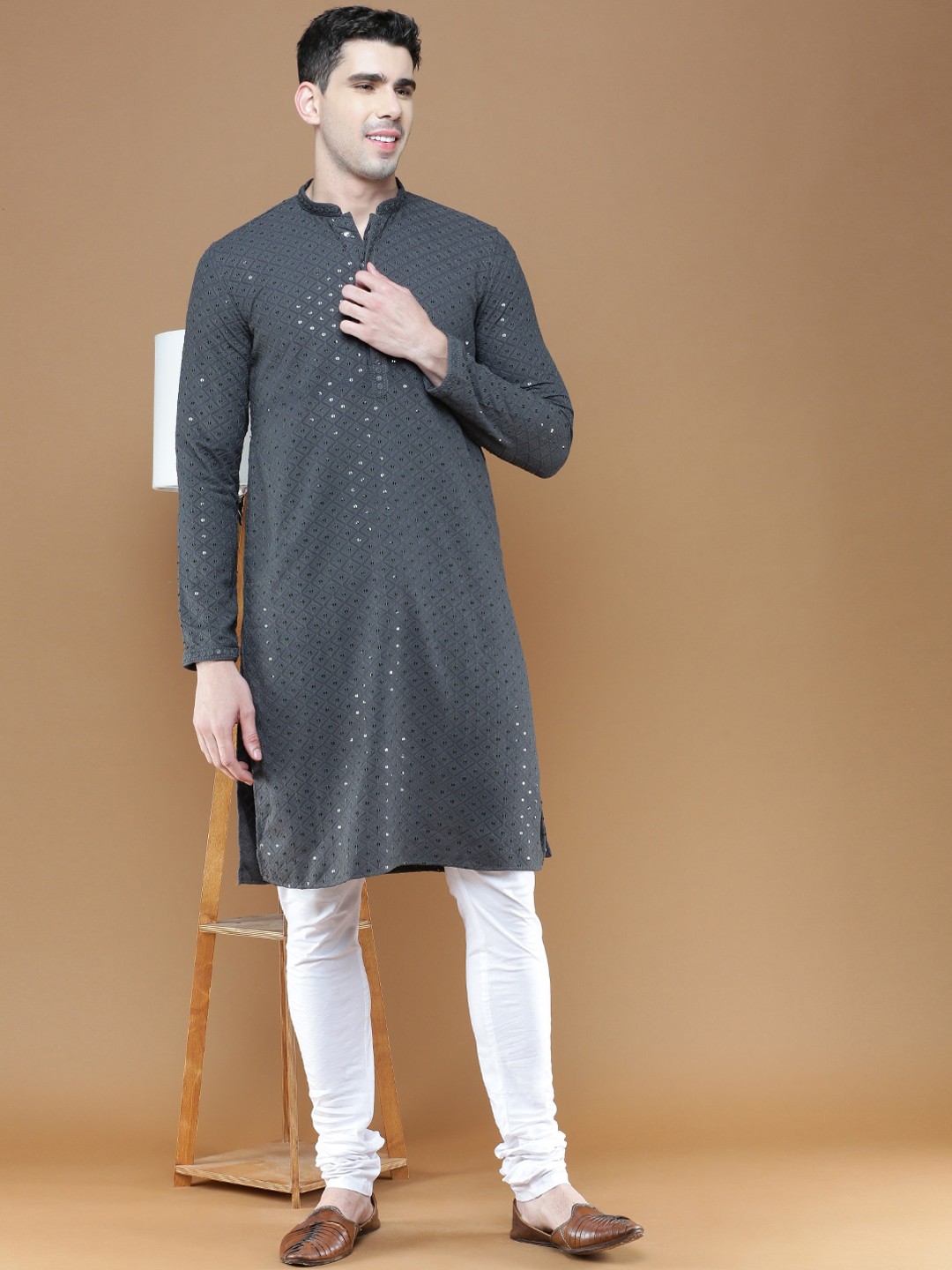 

Sanwara Geometric Embroidered Chikankari Sequinned Kurta With Pyjamas, Grey