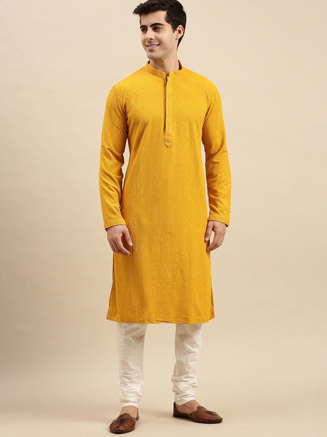 

Sanwara Floral Embroidered Chikankari Kurta With Pyjamas, Mustard