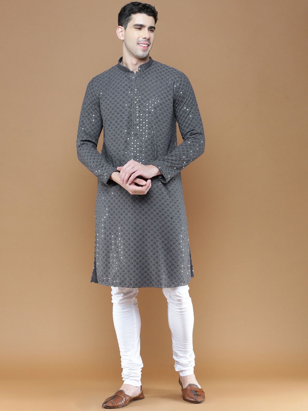 

Sanwara Floral Embroidered Chikankari Sequinned Kurta With Pyjamas, Grey