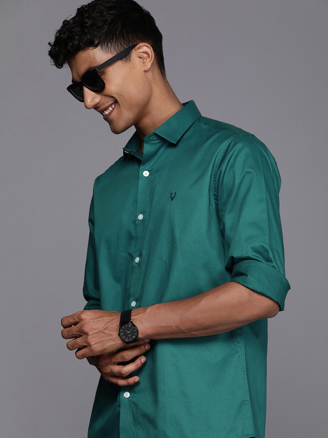 

Allen Solly Pure Cotton Self Design Classic Slim Fit Textured Casual Shirt, Teal