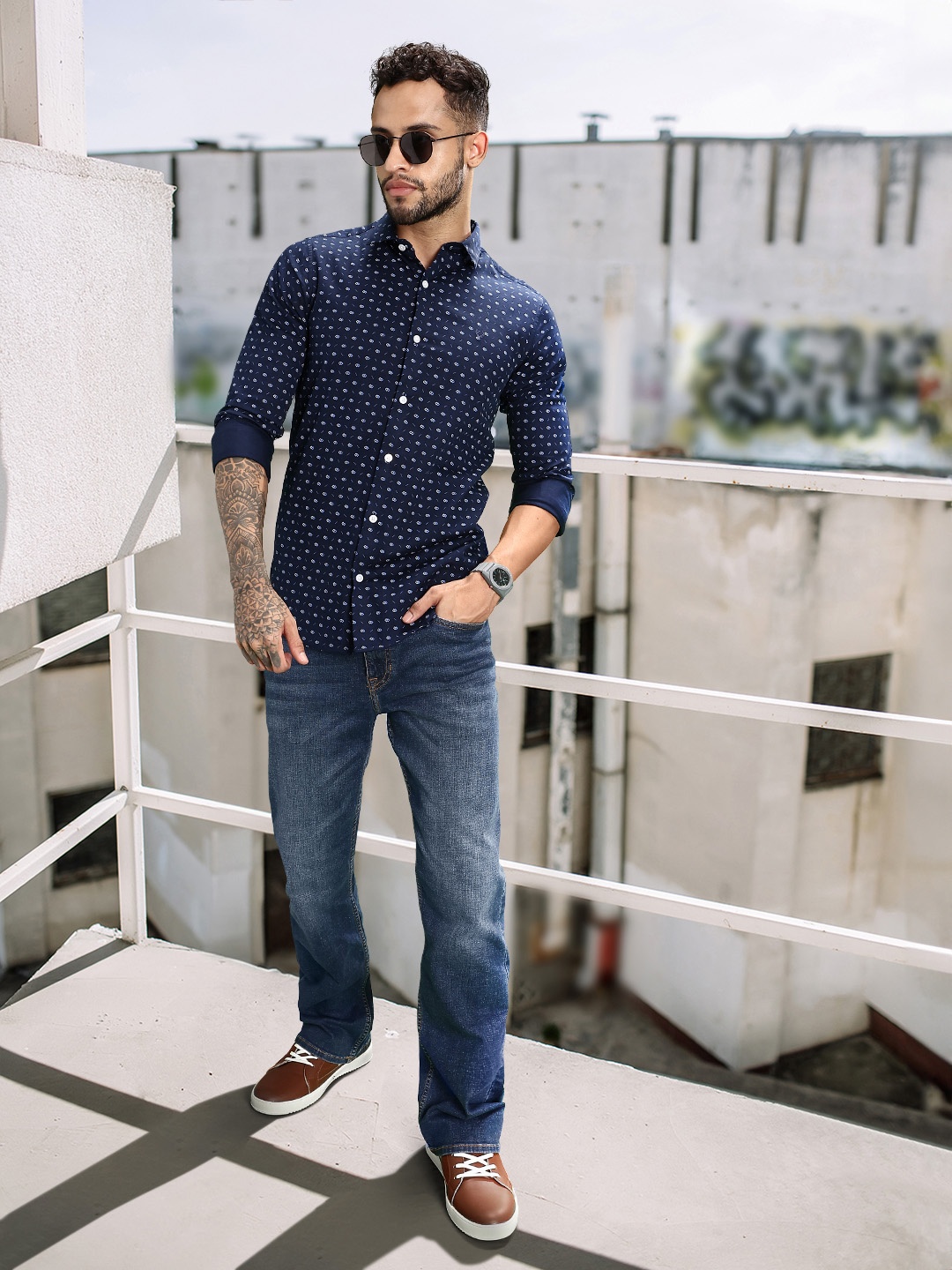 

Allen Solly Pure Cotton Classic Slim Fit Geometric Printed Casual Shirt, Navy blue