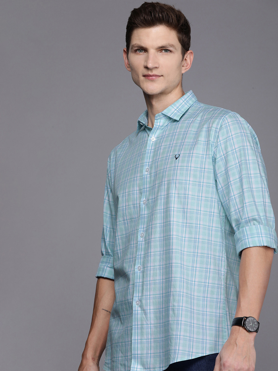 

Allen Solly Pure Cotton Checked Classic Slim Fit Casual Shirt, Blue