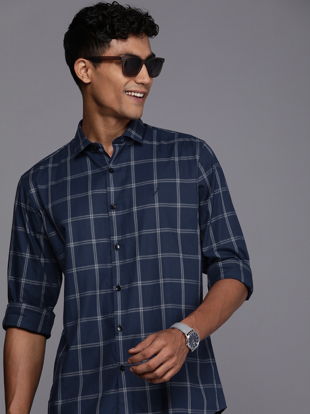 

Allen Solly Pure Cotton Checked Classic Slim Fit Casual Shirt, Navy blue