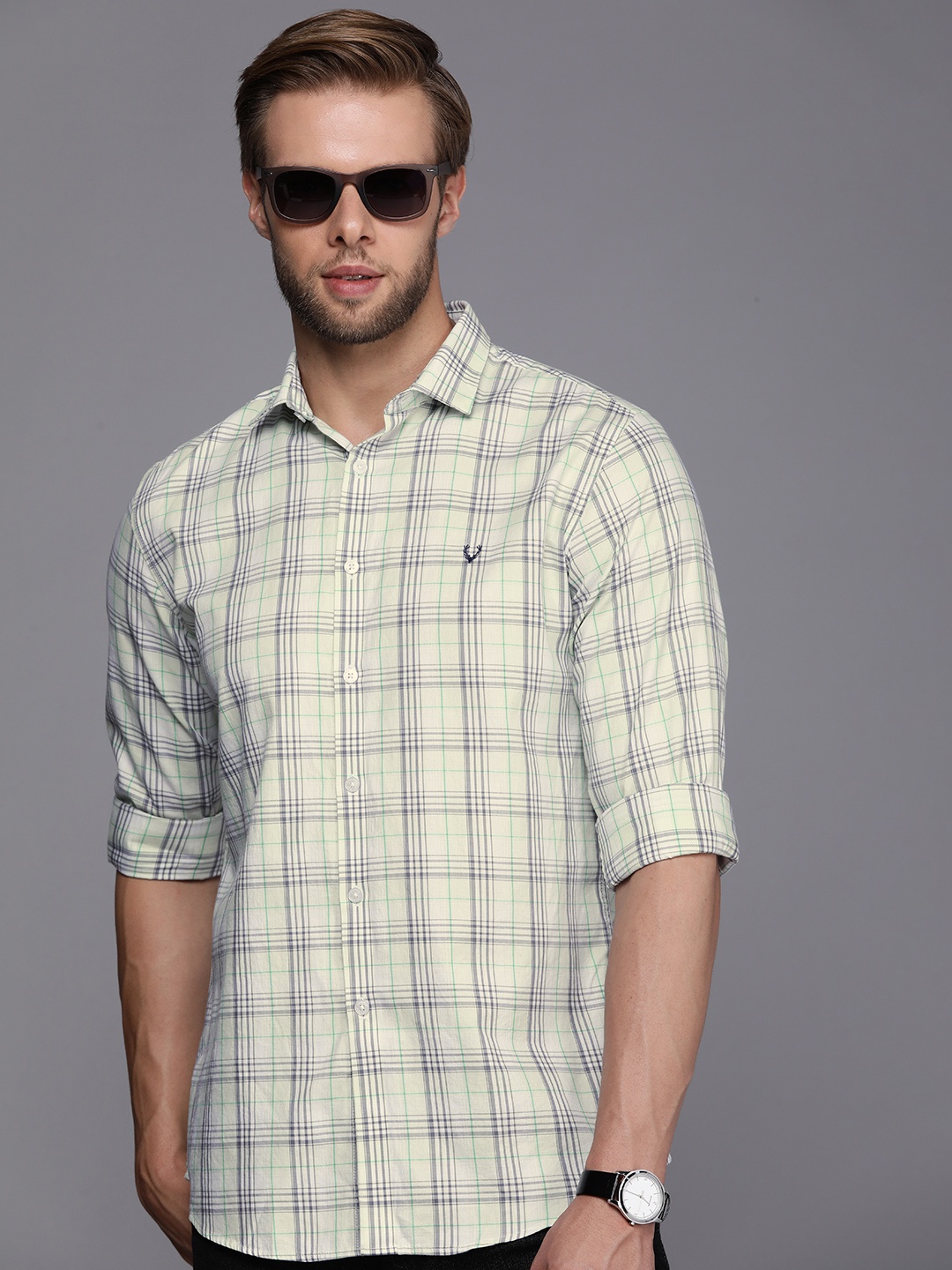 

Allen Solly Pure Cotton Classic Slim Fit Checked Casual Shirt, Green