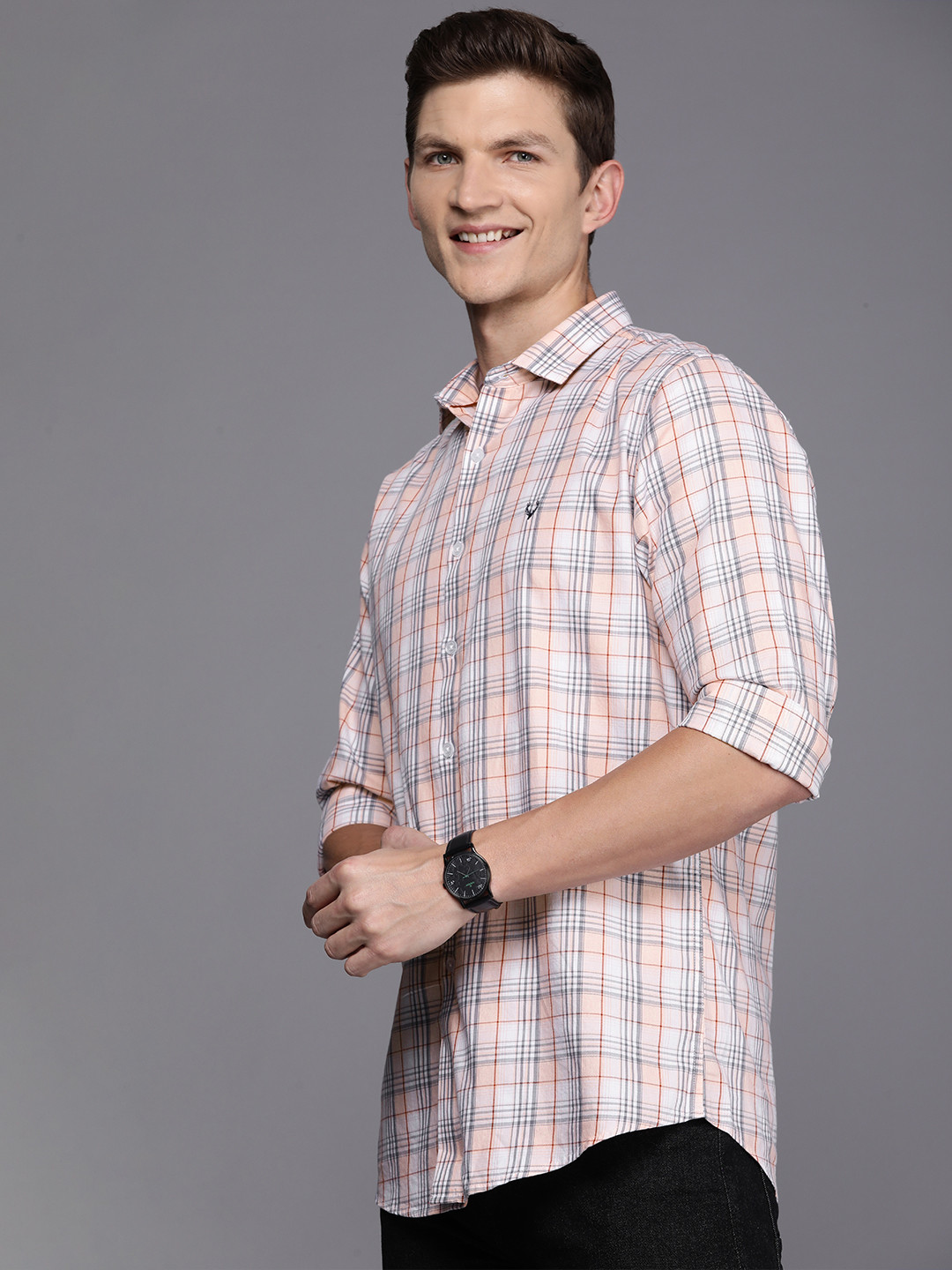 

Allen Solly Pure Cotton Classic Slim Fit Checked Casual Shirt, Peach