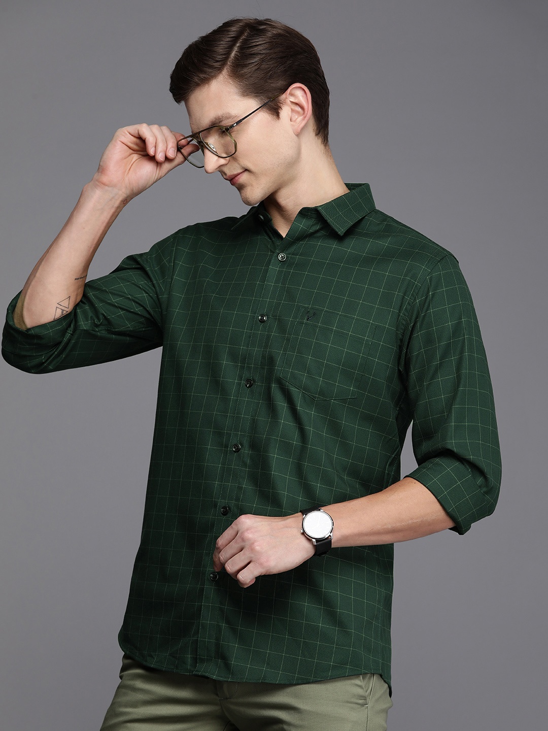 

Allen Solly Sport Fit Grid Tattersall Checked Pure Cotton Casual Shirt, Green