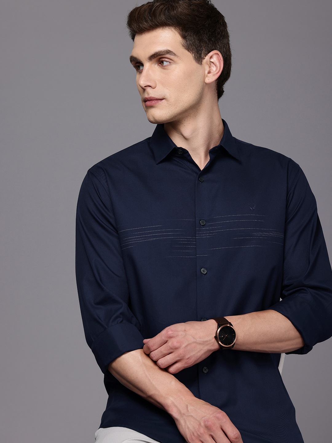 

Allen Solly Pure Cotton Sport Fit Self Design Horizontal Stripes Opaque Casual Shirt, Navy blue
