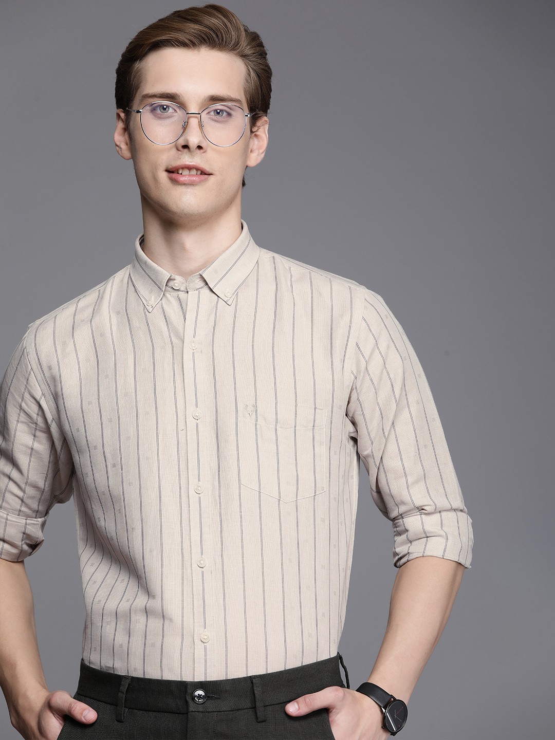 

Allen Solly Linen Cotton Sport Fit Striped Casual Shirt, Beige