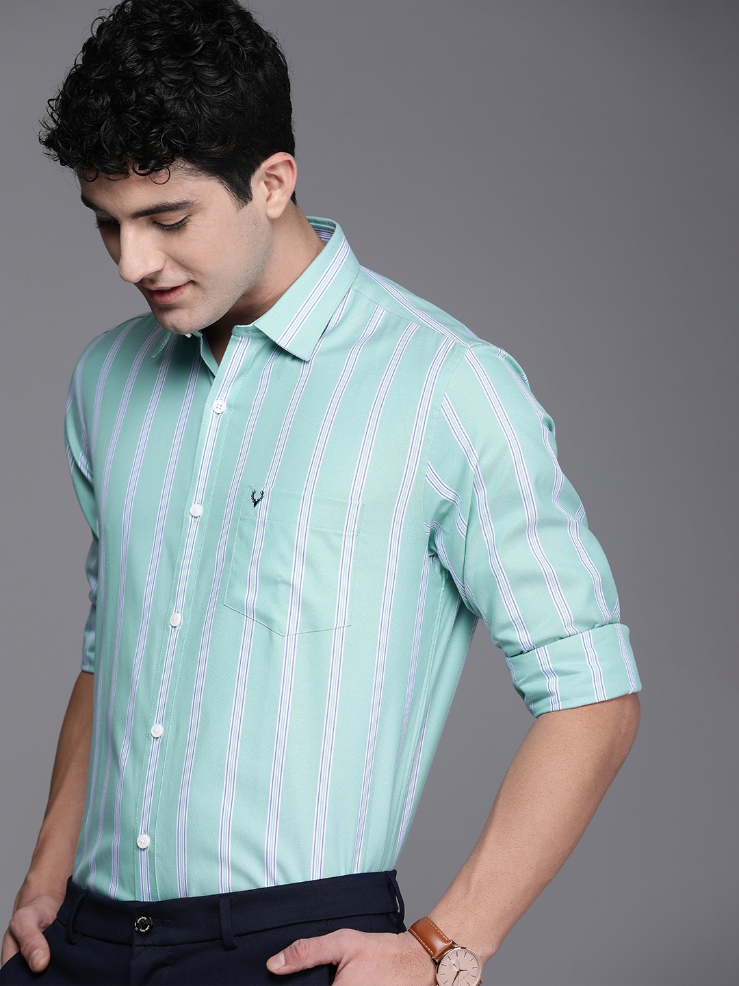 

Allen Solly Pure Cotton Sport Fit Opaque Striped Casual Shirt, Turquoise blue