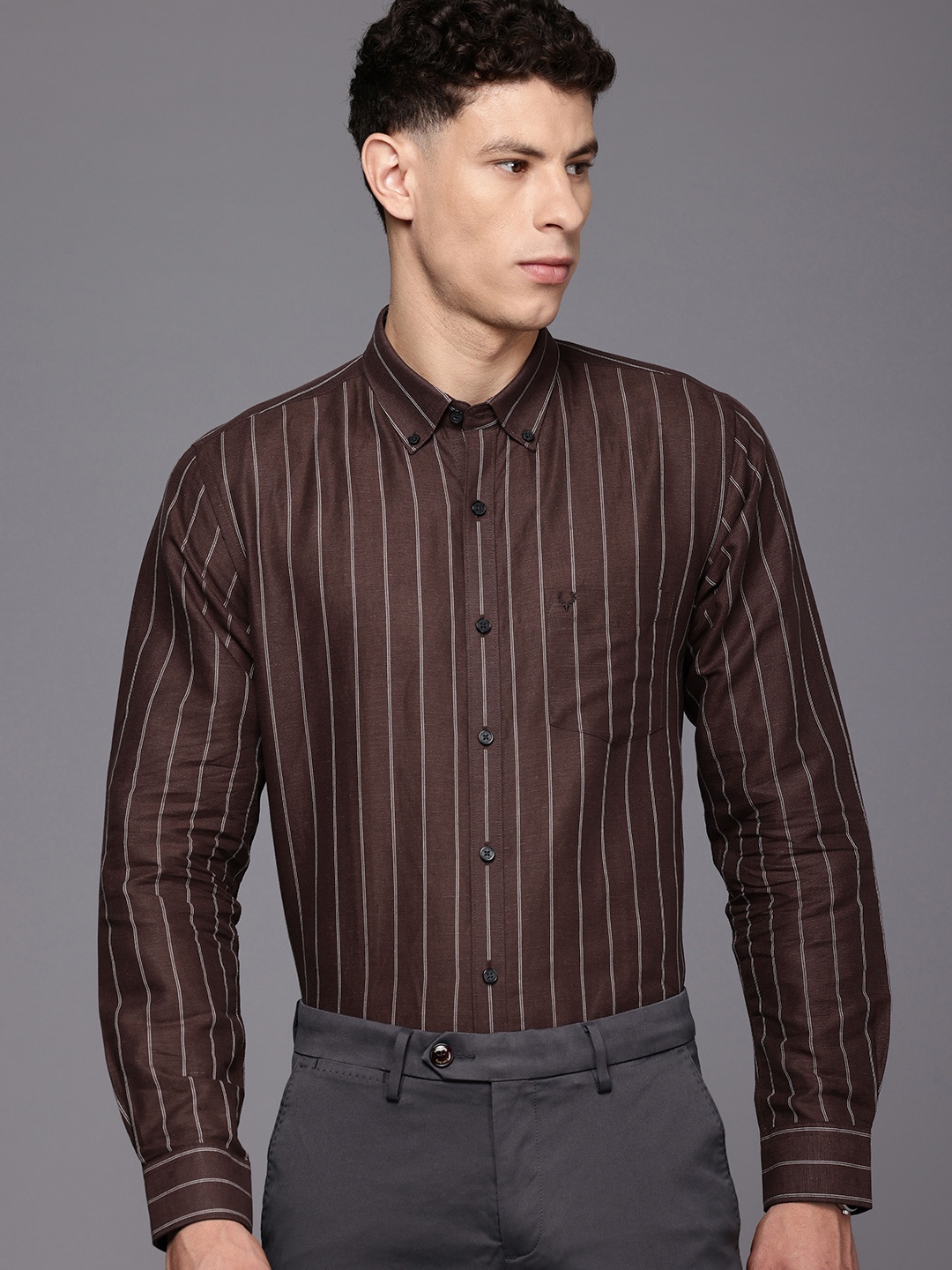 

Allen Solly Linen Cotton Classic Fit Striped Semiformal Shirt, Brown