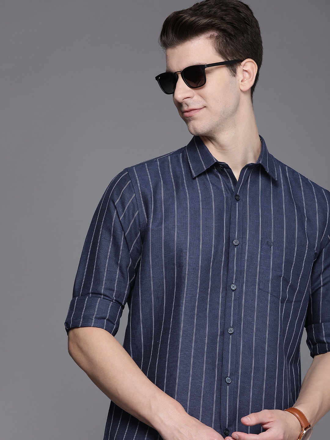 

Allen Solly Linen Cotton Sport Fit Striped Casual Shirt, Navy blue