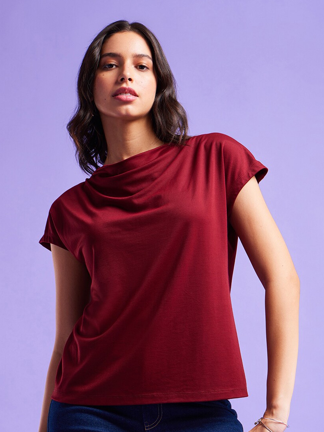 

FableStreet Cowl Neck Extended Sleeves Regular Top, Maroon