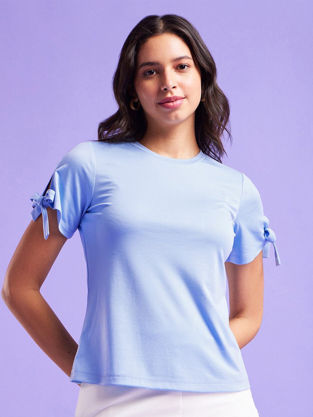 

FableStreet Tie-Up Detail Round Neck Regular Top, Blue