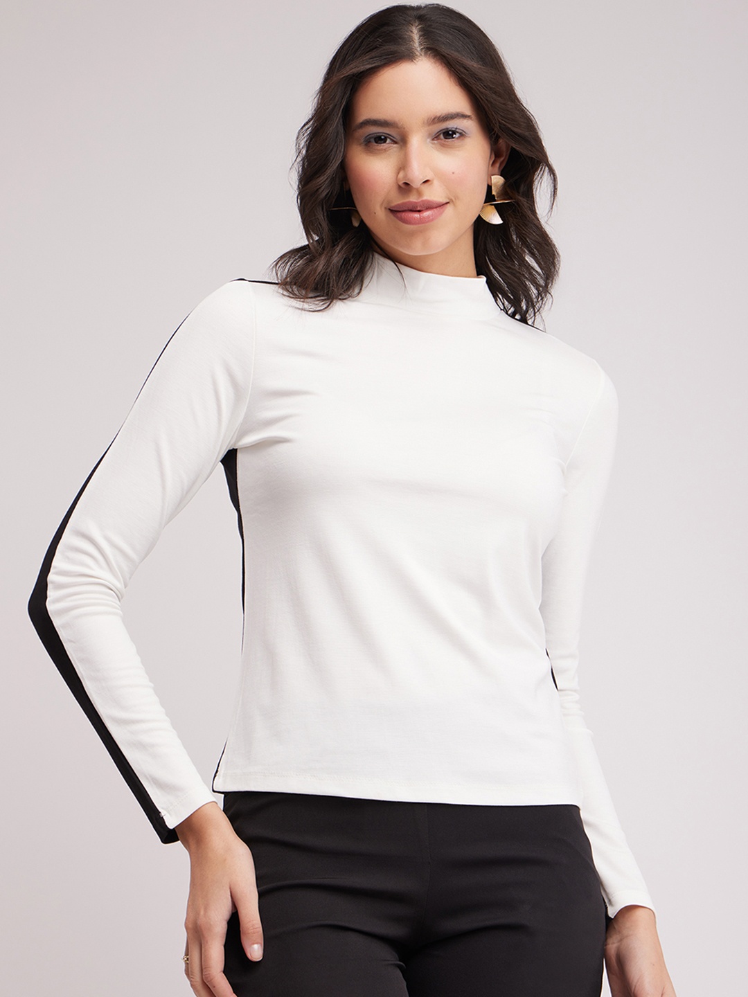 

FableStreet Colorblocked High Neck Regular Top, White
