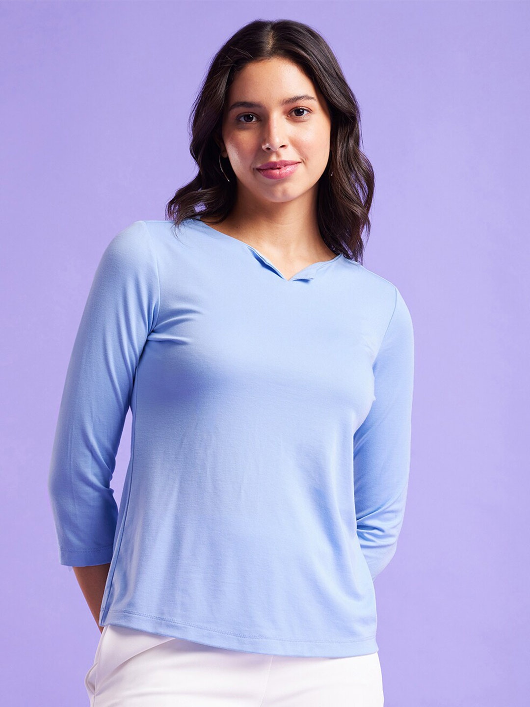 

FableStreet Notched Neck Regular Top, Blue