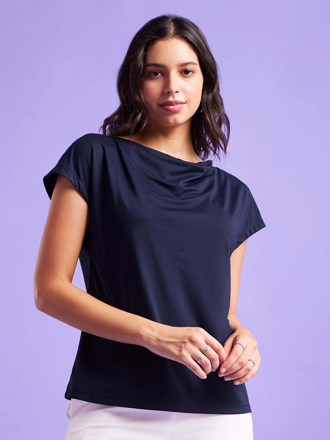 

FableStreet Cowl Neck Extended Sleeves Regular Top, Navy blue