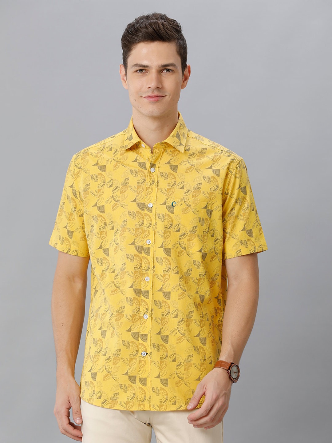 

CAVALLO by Linen Club Contemporary Geometric Printed Cotton Linen Casual Shirt, Yellow