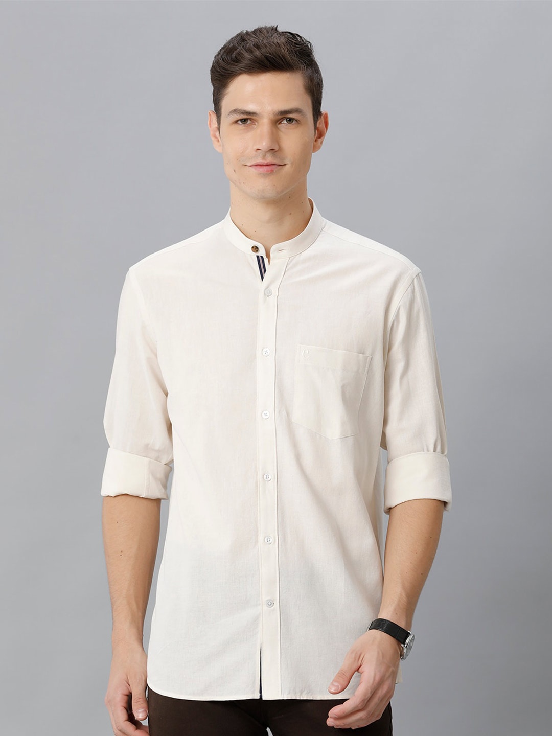 

CAVALLO by Linen Club Contemporary Band Collar Cotton Linen Casual Shirt, Beige