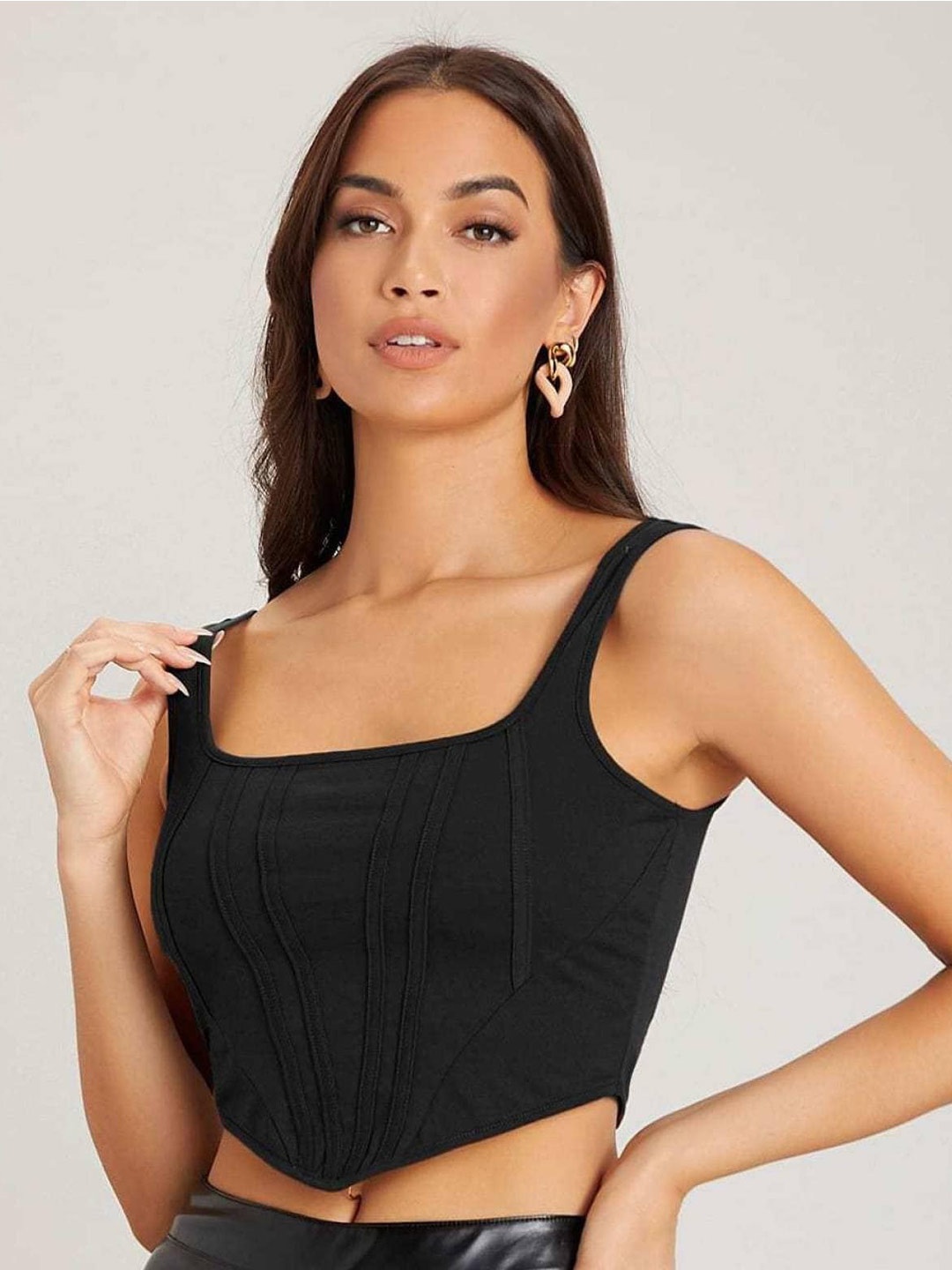 BLACK SCISSOR Shoulder Straps Cotton Fitted Crop Top