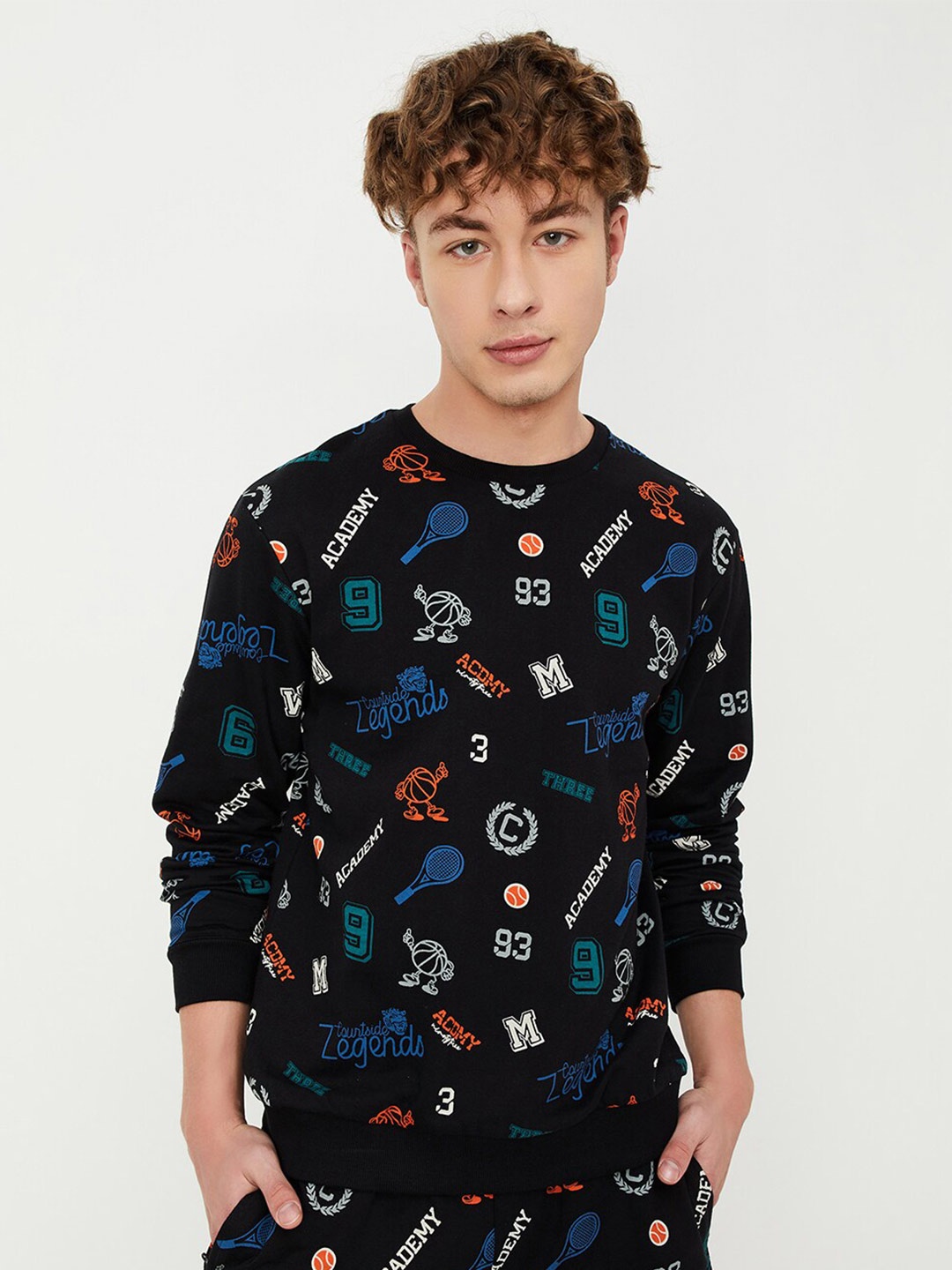 

max Typography Printed Round Neck Pure Cotton Pullover, Black