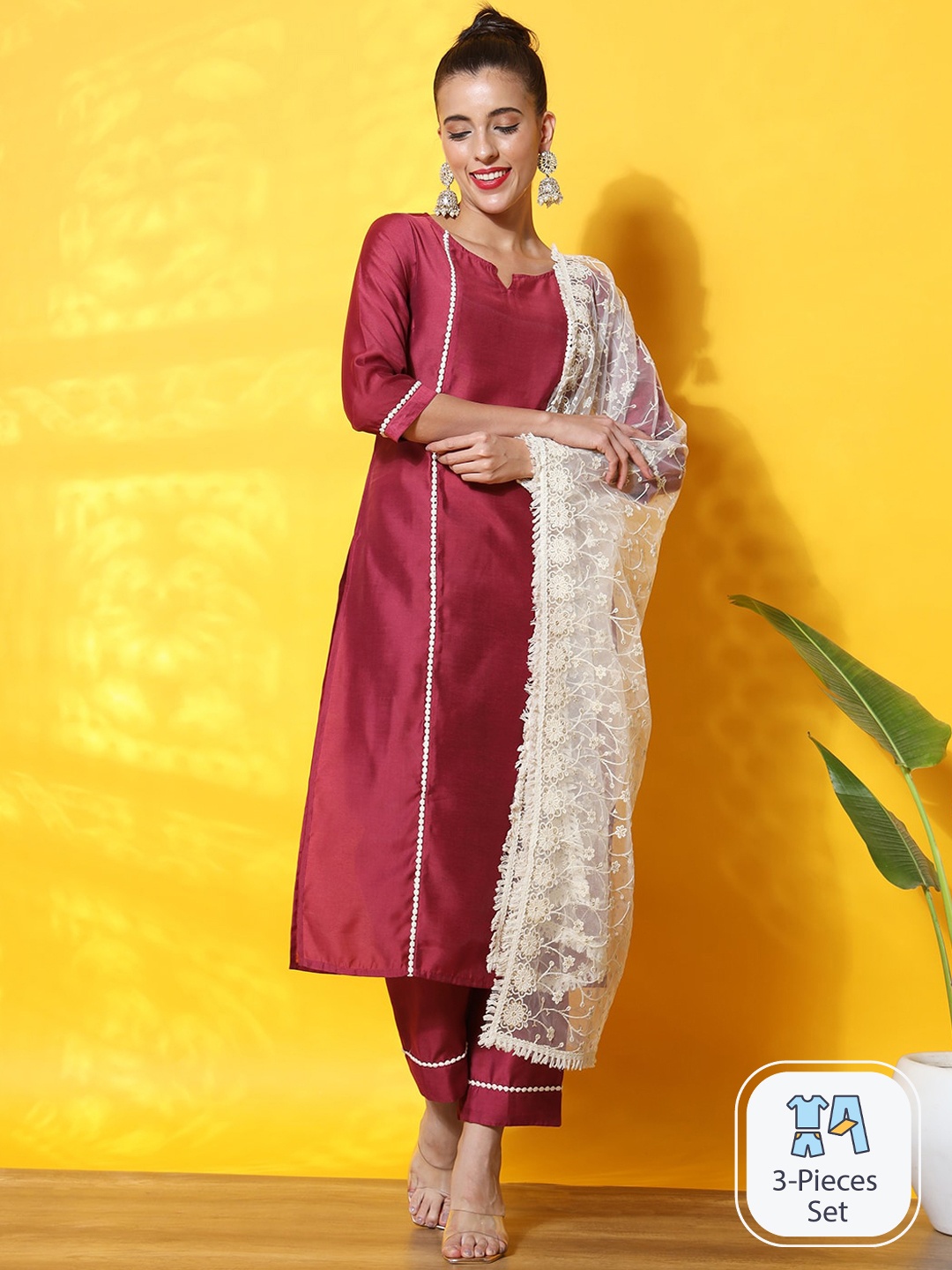 

Sutidora Round Neck Straight Kurta & Trousers With Dupatta, Pink