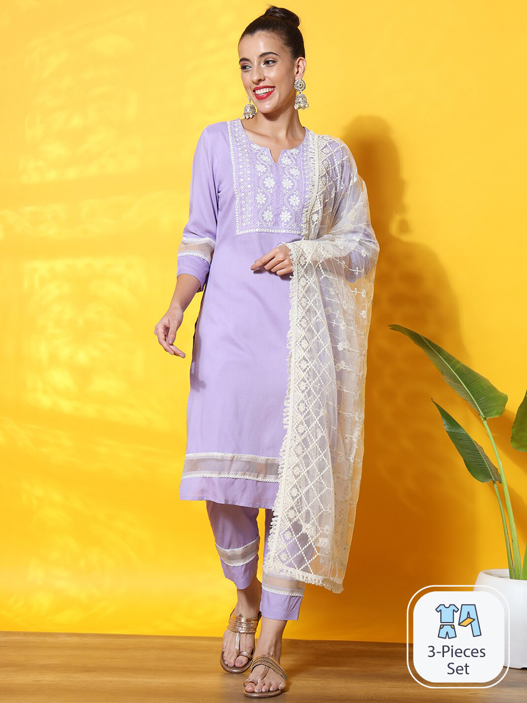 

Sutidora Floral Embroidered Sequinned Kurta With Trousers & Dupatta, Purple