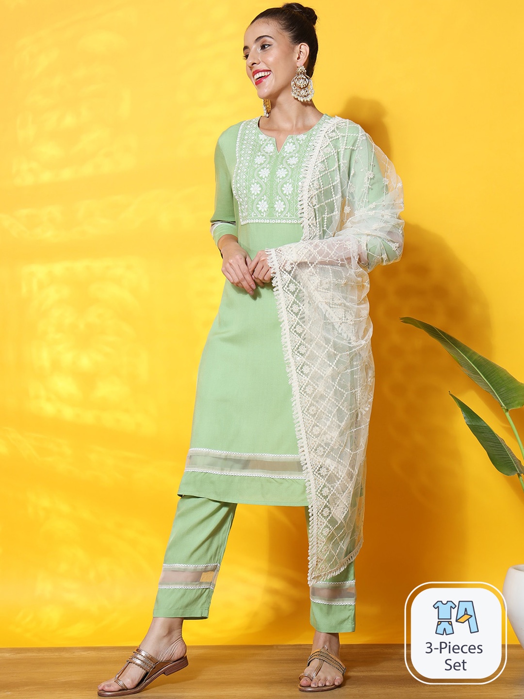 

Sutidora Floral Embroidered Sequinned Kurta With Trousers & Dupatta, Green