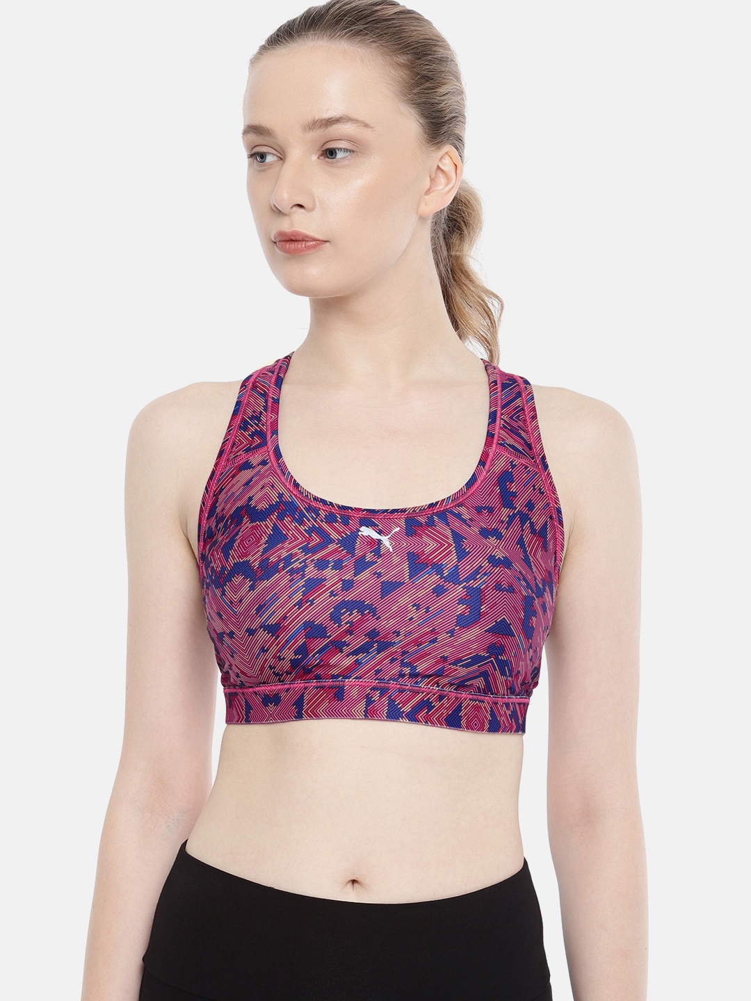 

Puma Women Pink & Blue Printed PWRSHAPE Forever Graphic Pad dryCELL Sports Bra 51554624