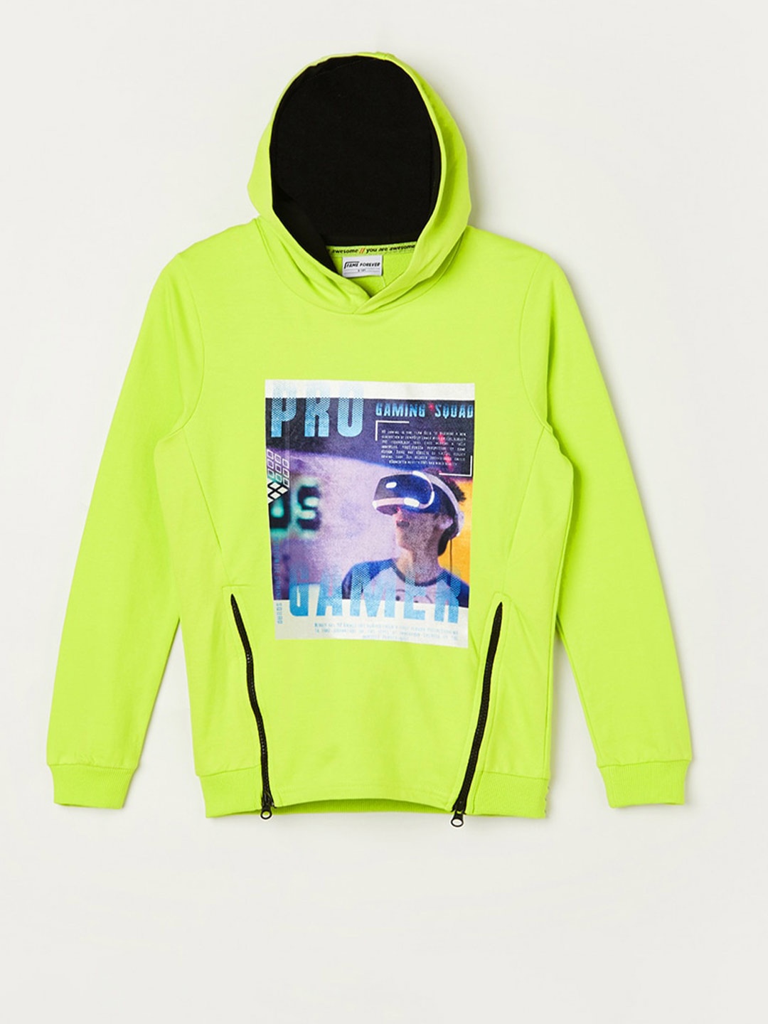 

Fame Forever by Lifestyle Boys Graphic Print Hooded Zip Detail Cotton Pullover Sweatshirt, Lime green