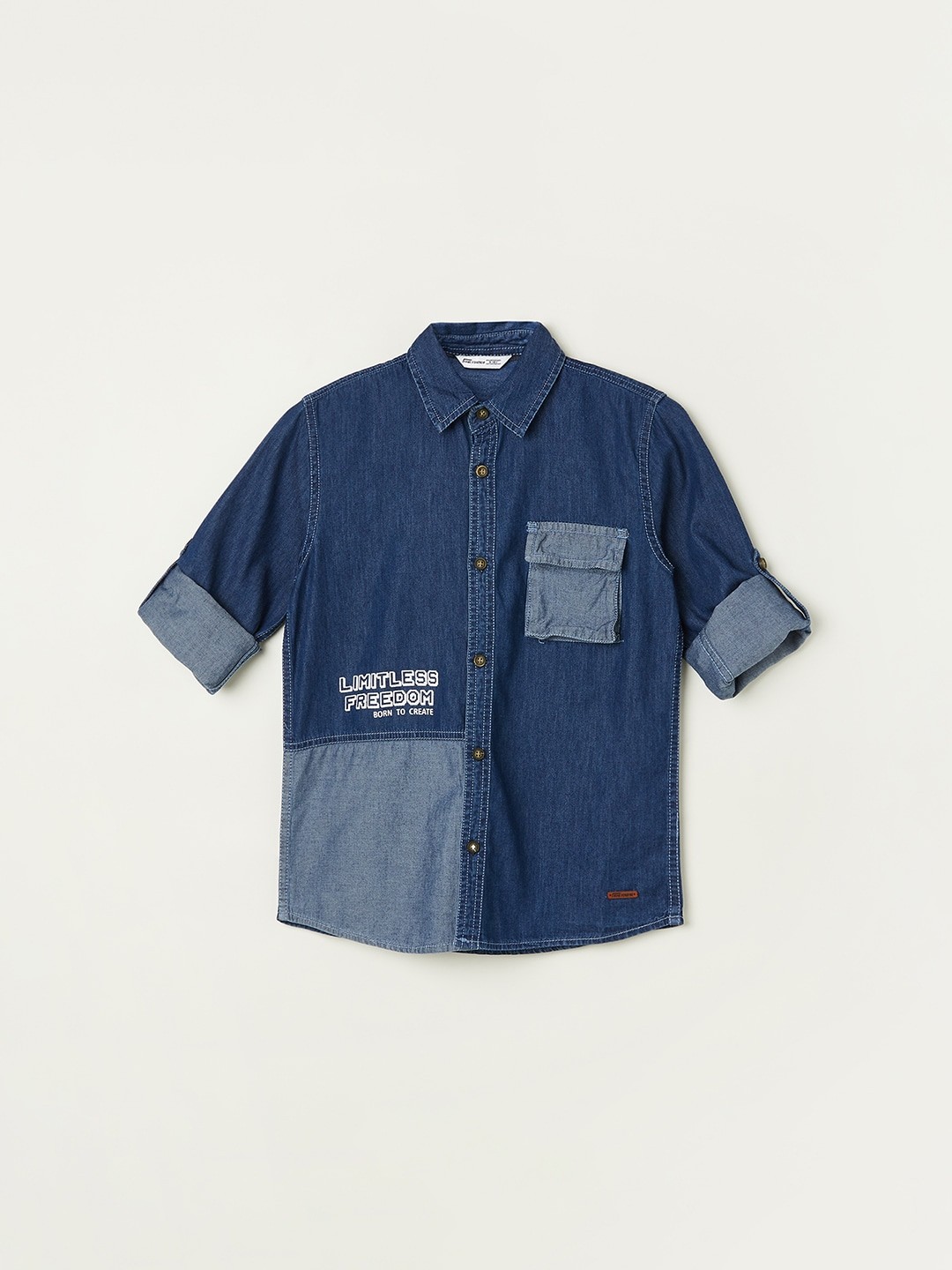 

Fame Forever by Lifestyle Boys Typography Printed Roll-Up Sleeves Pure Cotton Casual Shirt, Blue