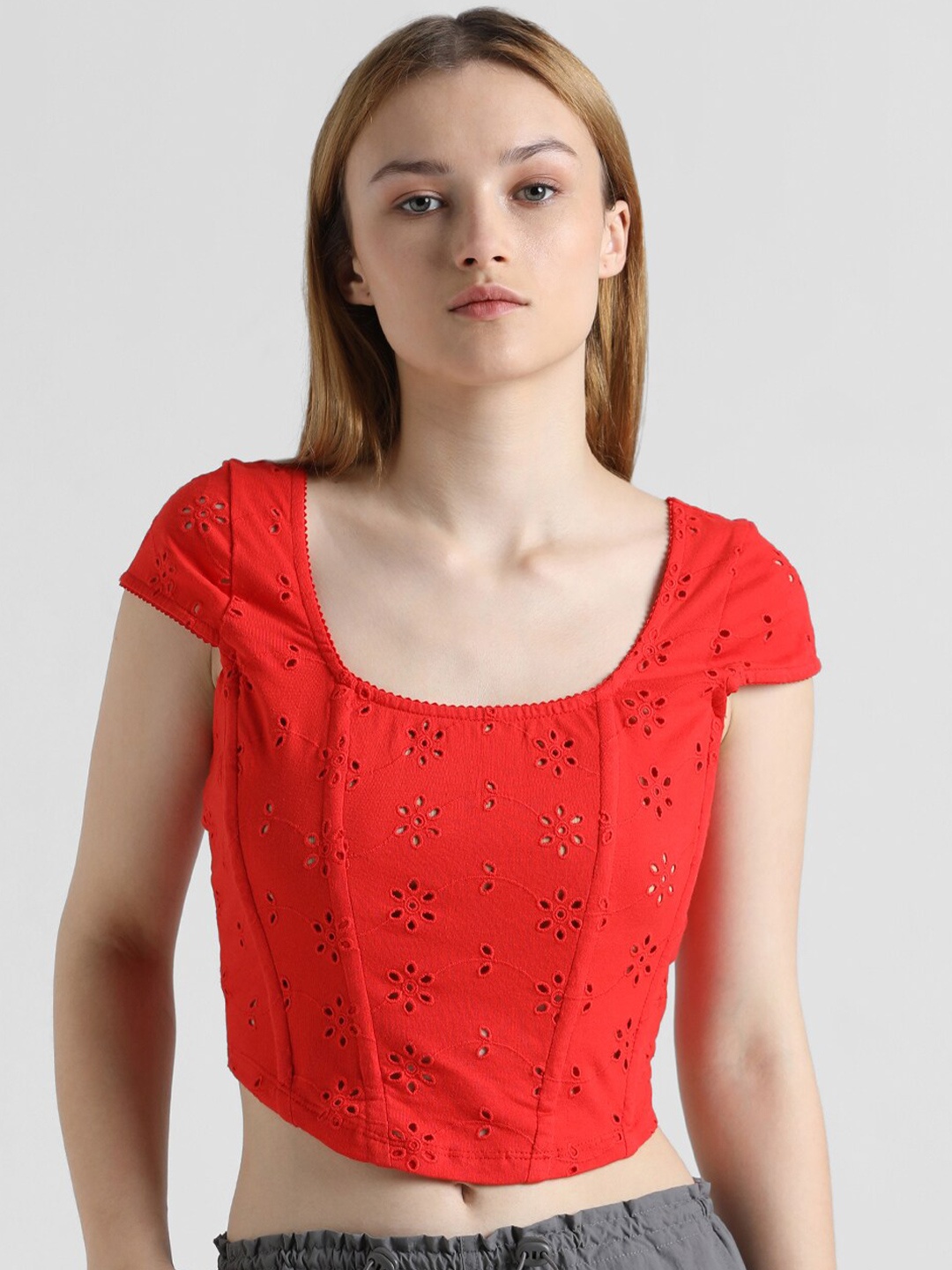 

ONLY Onl Unexecomo Schiffli Self Design Cap Sleeves Pure Cotton Crop Top, Red