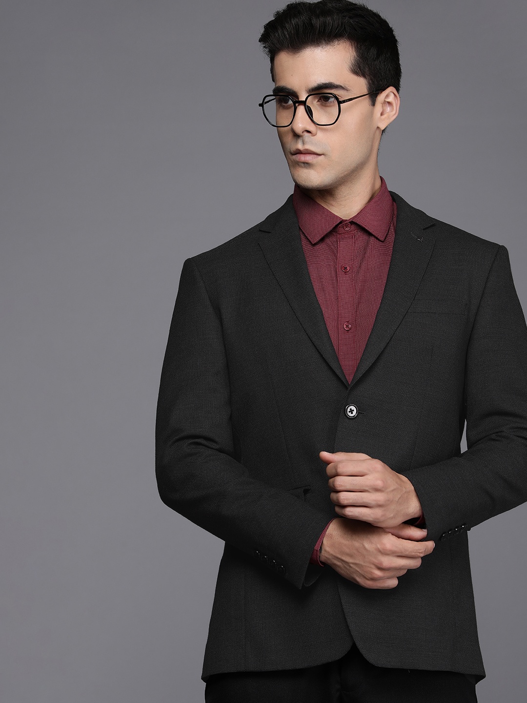 

Louis Philippe Self Design Slim Fit Single-Breasted Formal Blazer, Charcoal