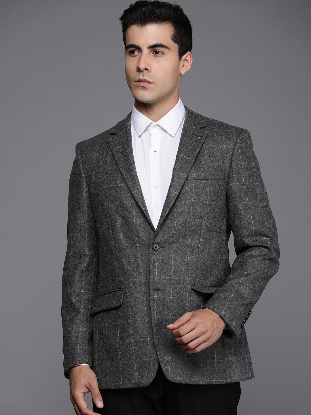 

Louis Philippe Checked Tailored Fit Single-Breasted Pure Wool Formal Blazer, Grey
