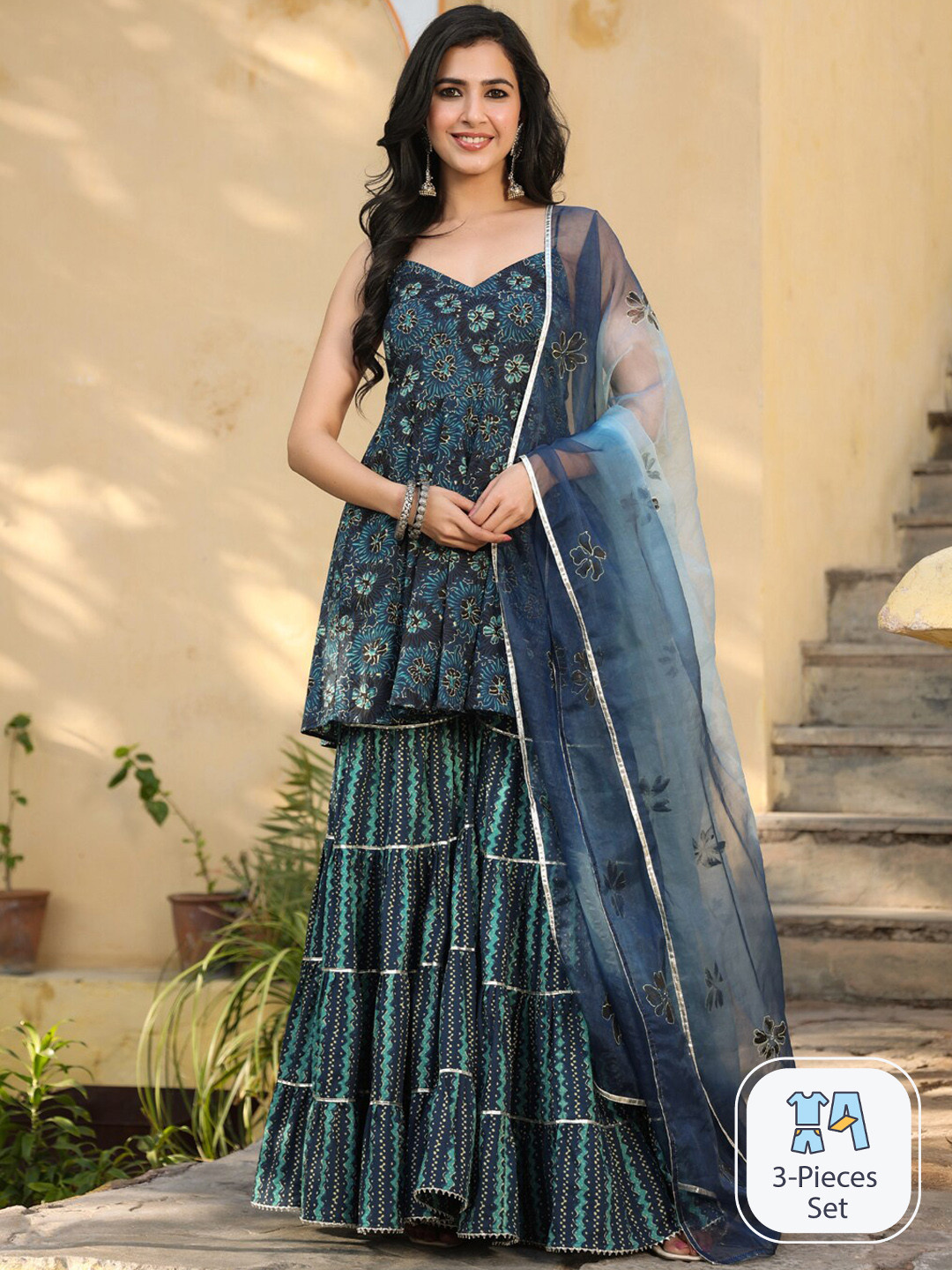 

Rangeelo Floral Printed Shoulder Straps A-Line Kurti with Sharara & With Dupatta, Blue