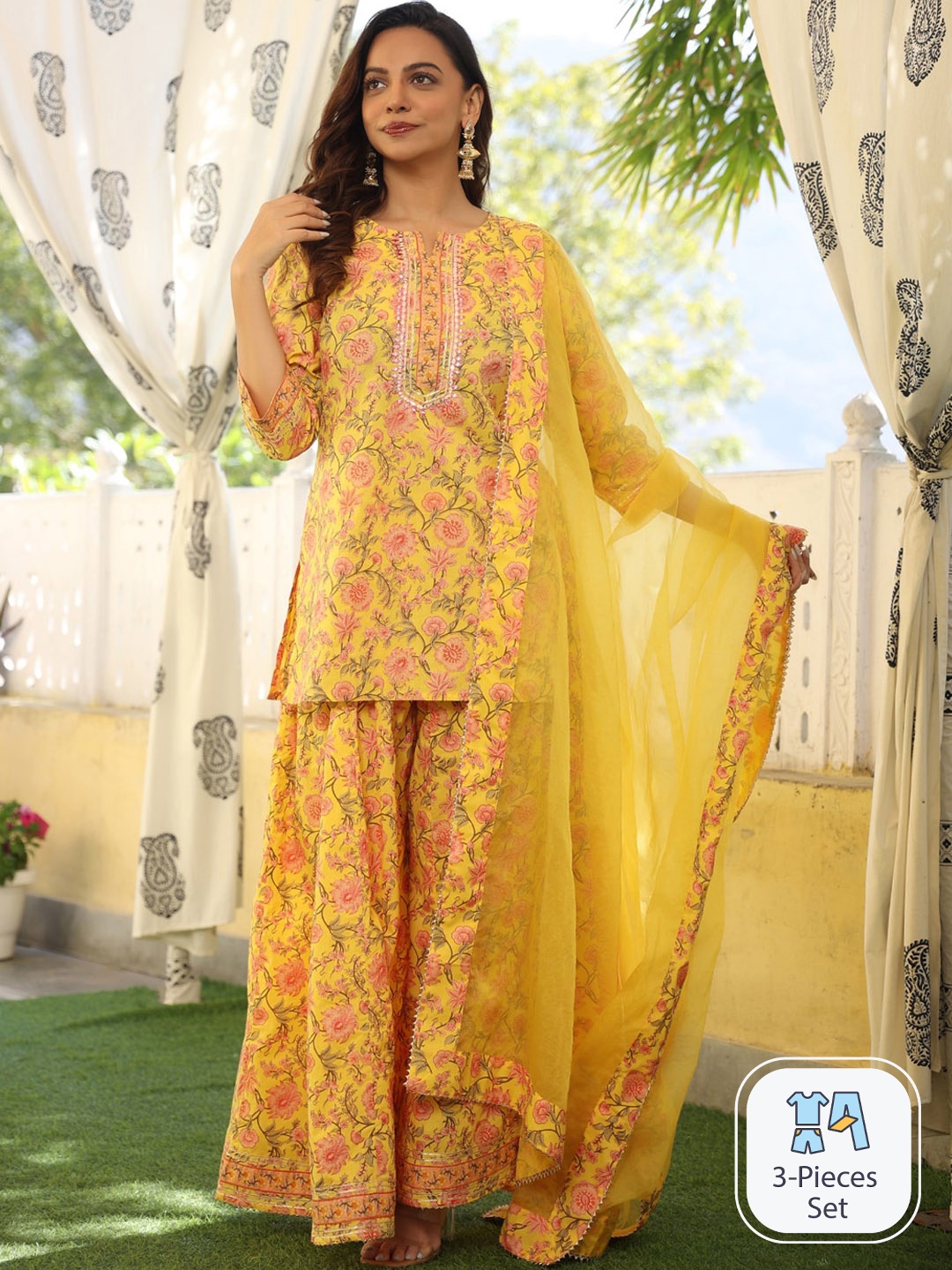 

Rangeelo Floral Printed Gotta Patti Kurti with Sharara & Dupatta, Yellow