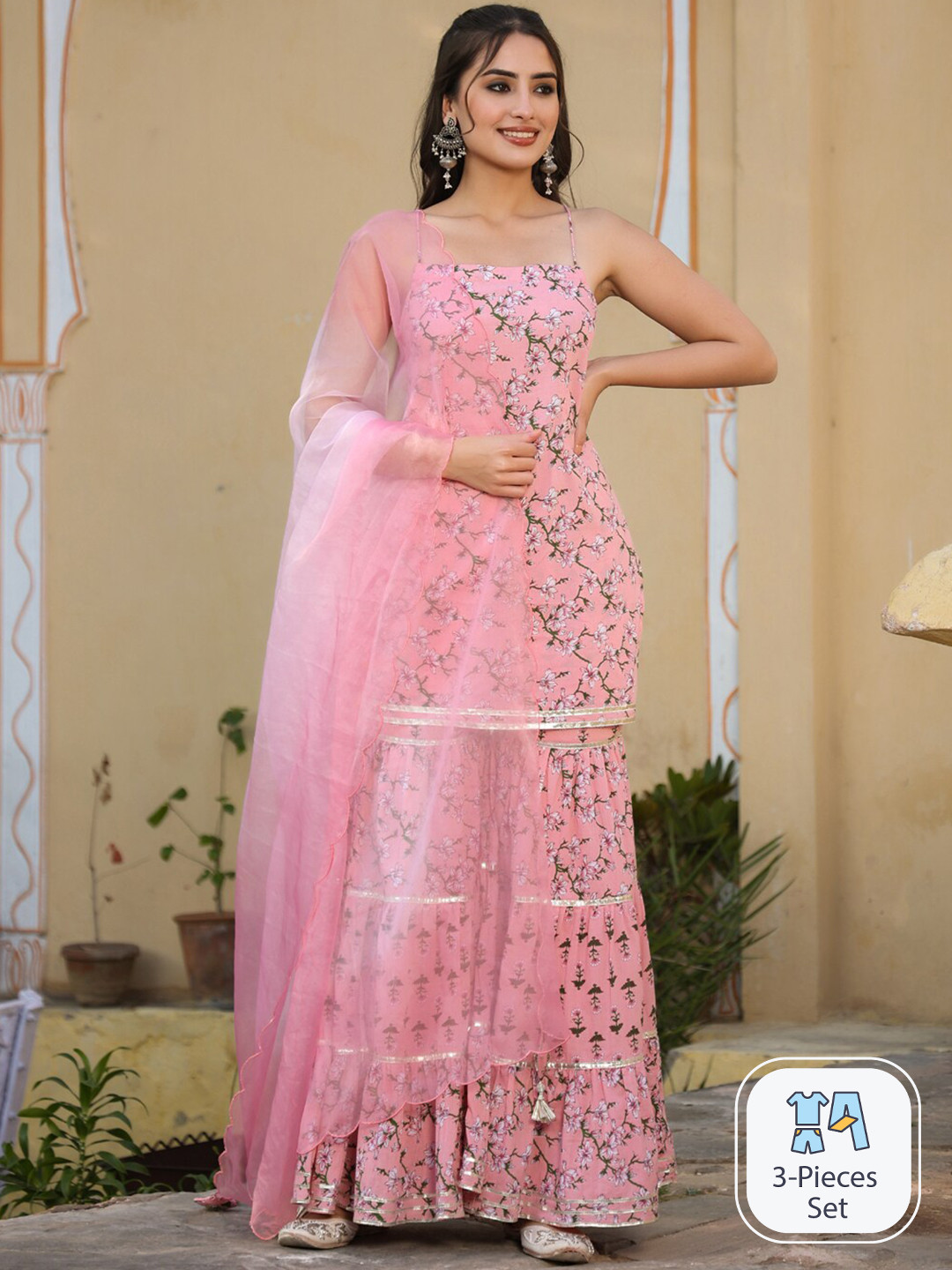 

Rangeelo Floral Printed Shoulder Straps Gotta Patti Kurta with Sharara & With Dupatta, Pink