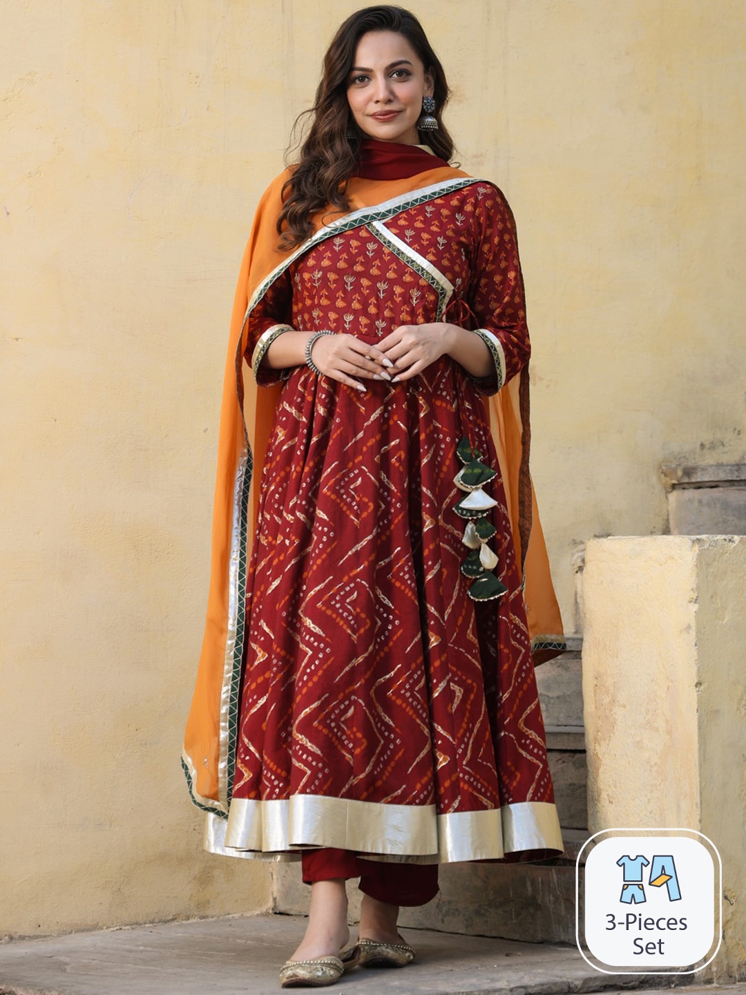 

Rangeelo Floral Printed V-Neck Chanderi Silk Kurta with Palazzos & With Dupatta, Maroon