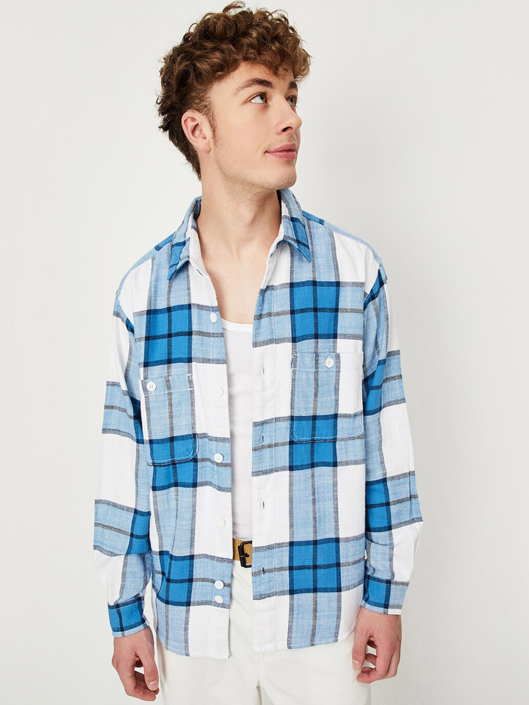 

max Tartan Tartan Checks Opaque Pure Cotton Casual Shacket, Blue
