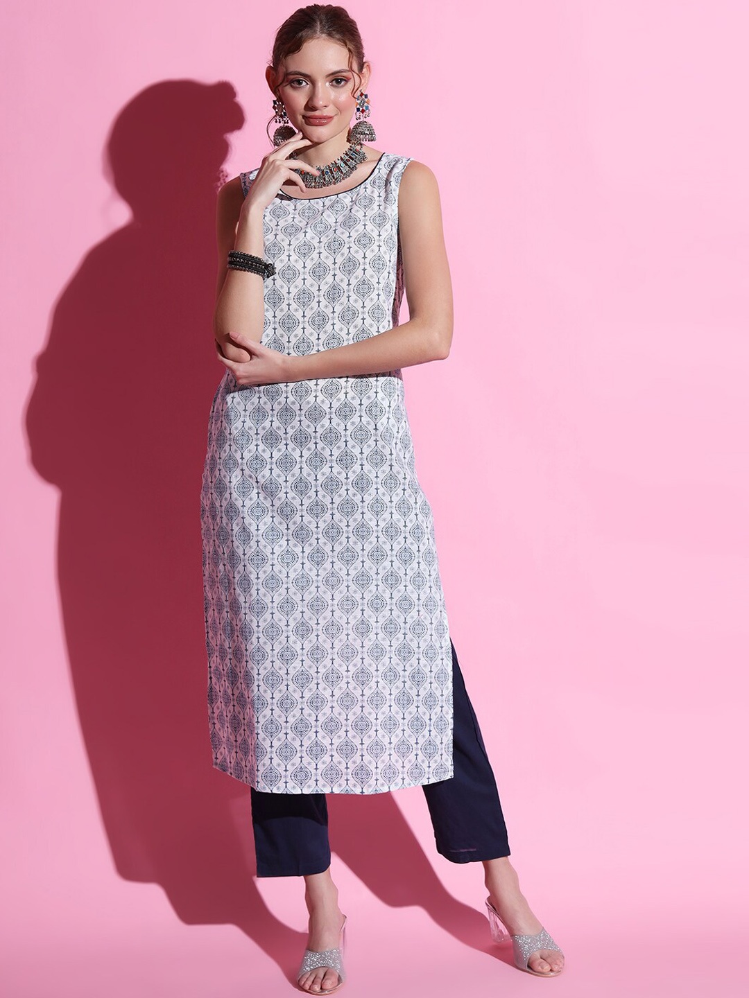 

Sutidora Ethnic Motifs Printed Pure Cotton Kurta With Trousers, White