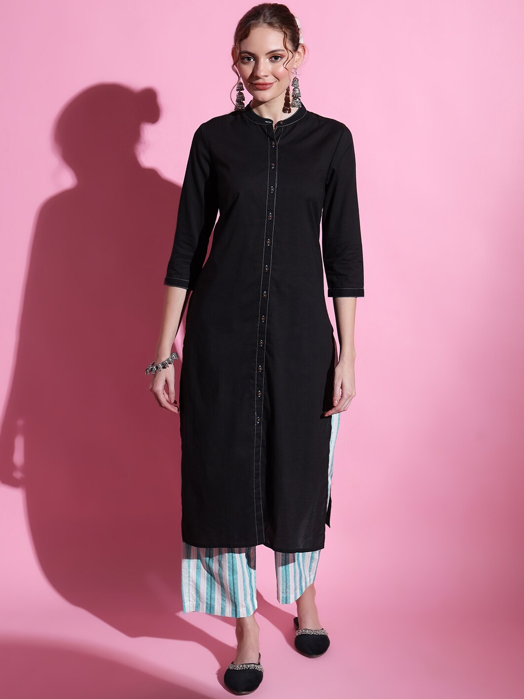 

Sutidora Band Collar Pure Cotton Straight Kurta With Trousers, Black