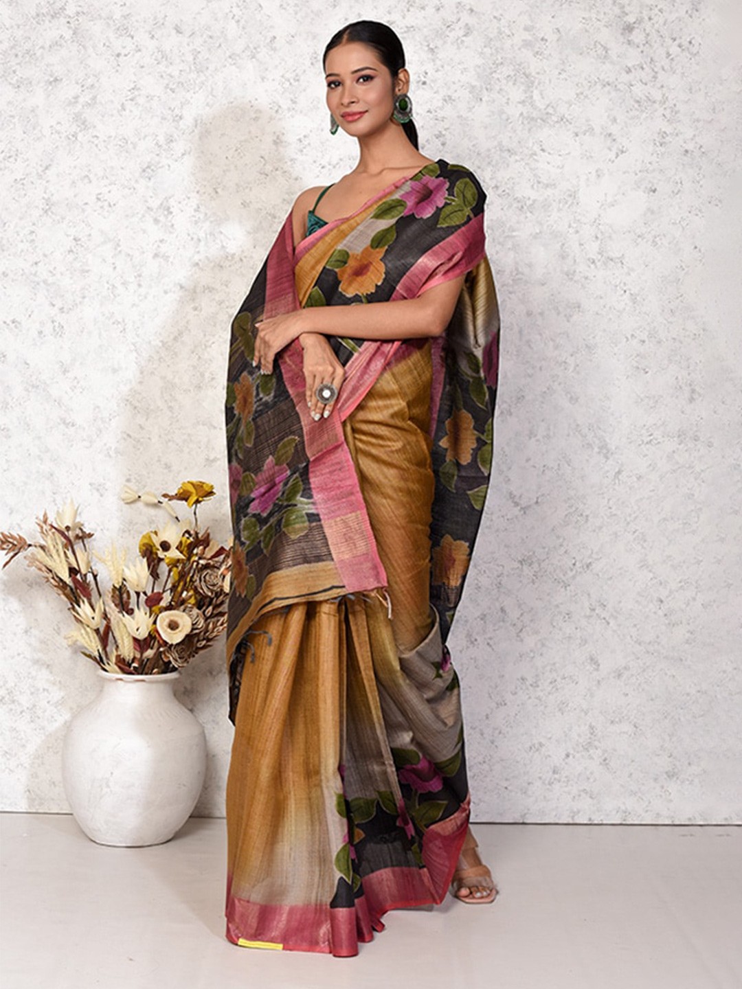 

AllSilks Floral Printed Pure Silk Tussar Saree, Beige