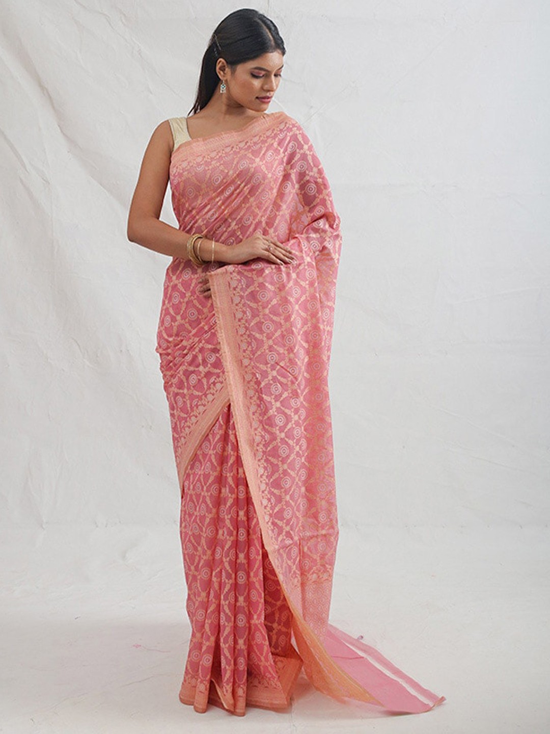 

AllSilks Woven Design Zari Pure Cotton Saree, Pink